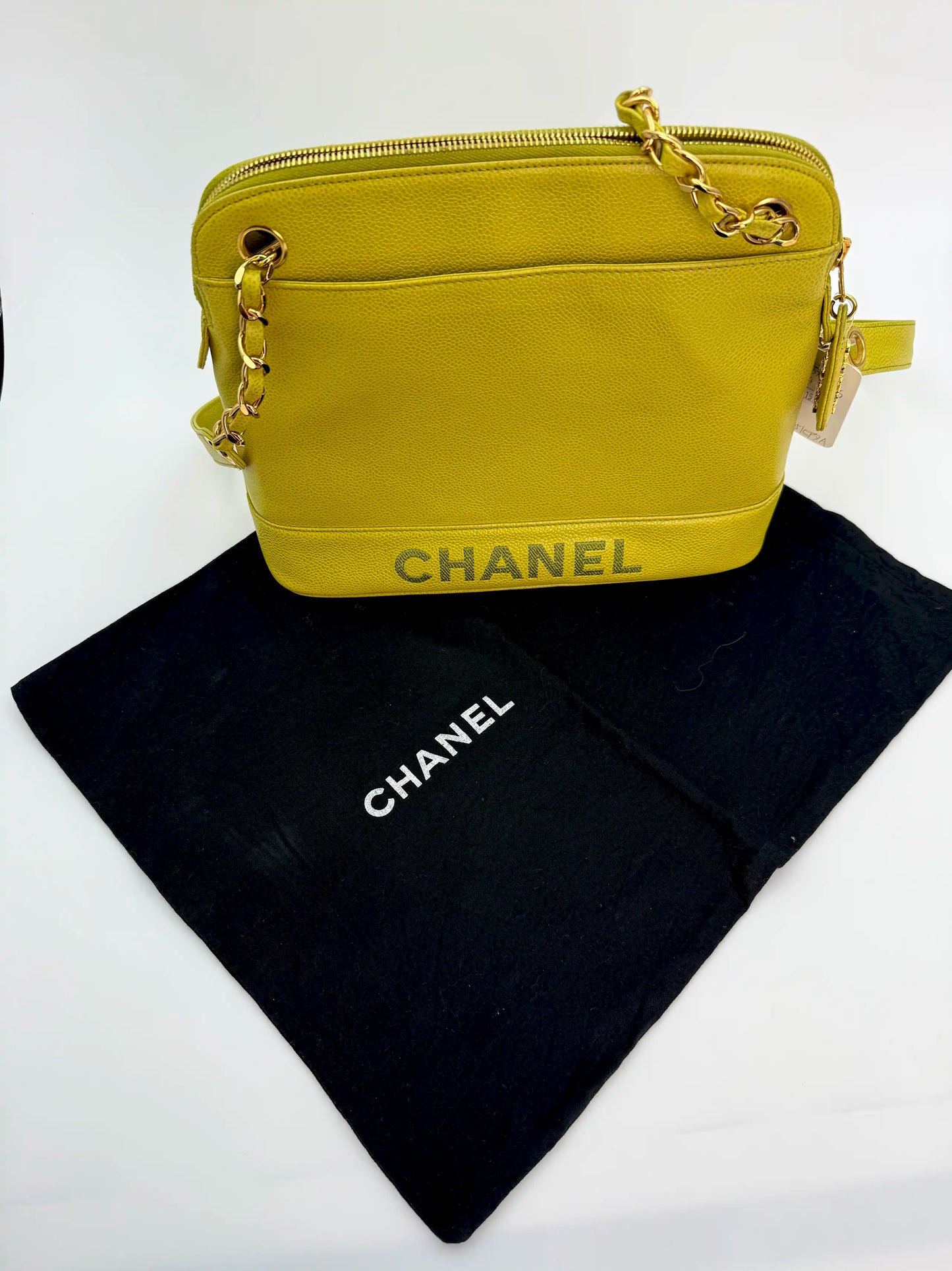 (AJ1) Chanel Vintage Logo Shoulder Bag, Lime Green Caviar, 24K Gold Plated Hardware
