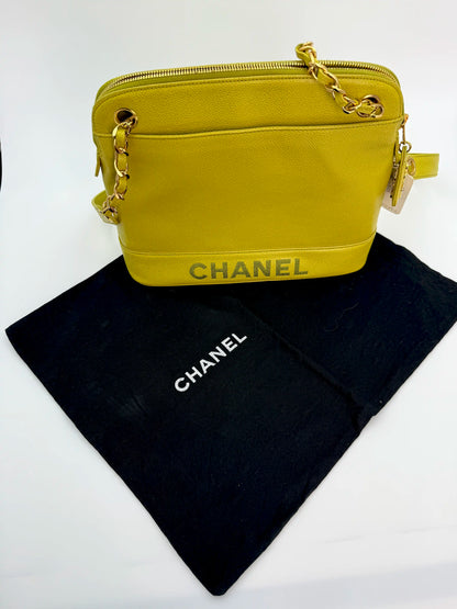 (AJ1) Chanel Vintage Logo Shoulder Bag, Lime Green Caviar, 24K Gold Plated Hardware