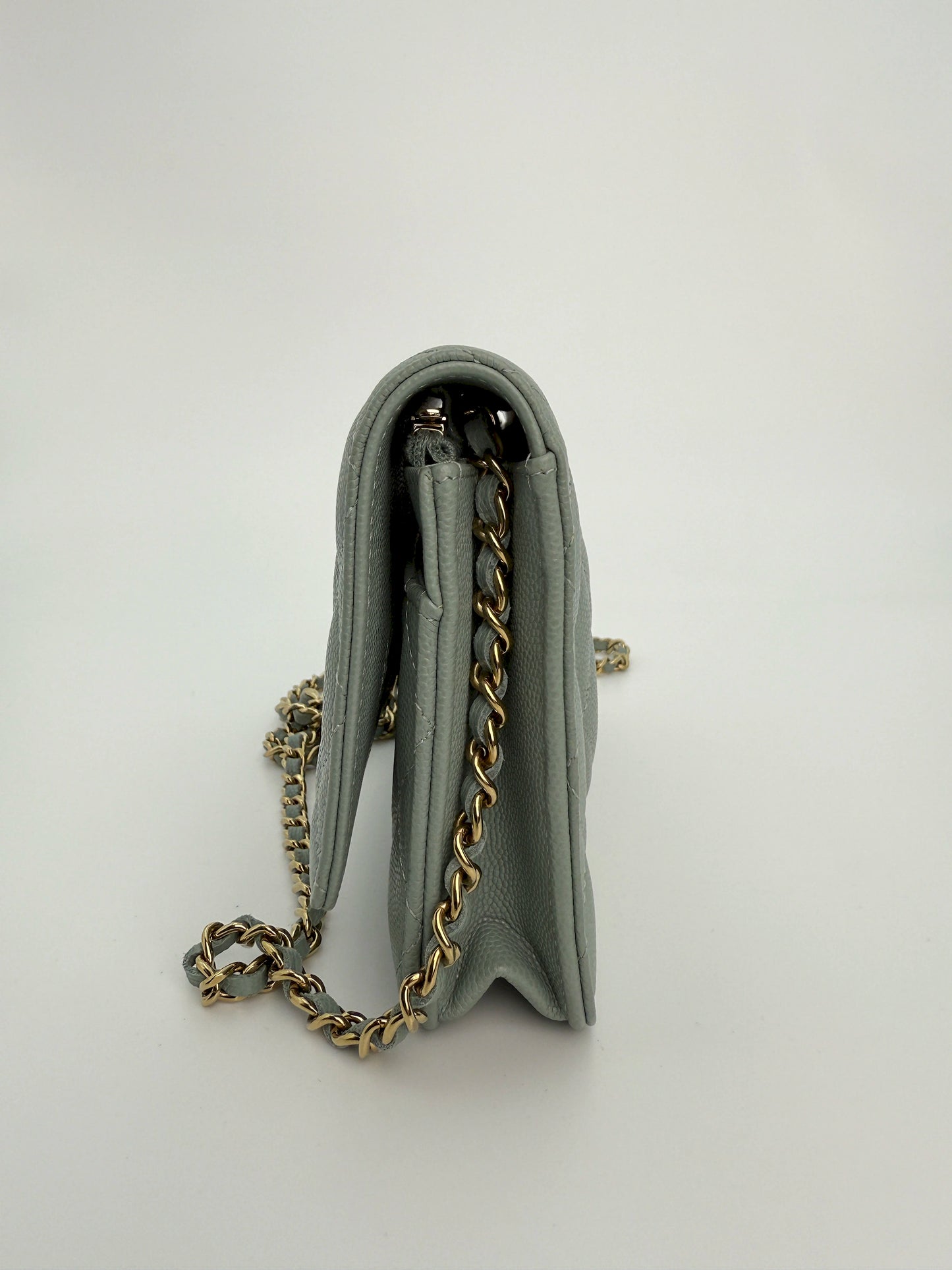 (AJ10) Chanel Grey Caviar Wallet on Chain, Champagne Gold Hardware