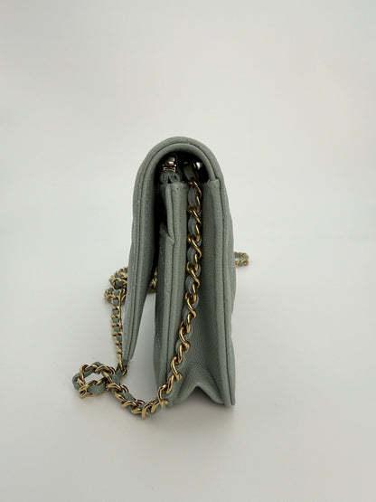 (AJ10) Chanel Grey Caviar Wallet on Chain, Champagne Gold Hardware