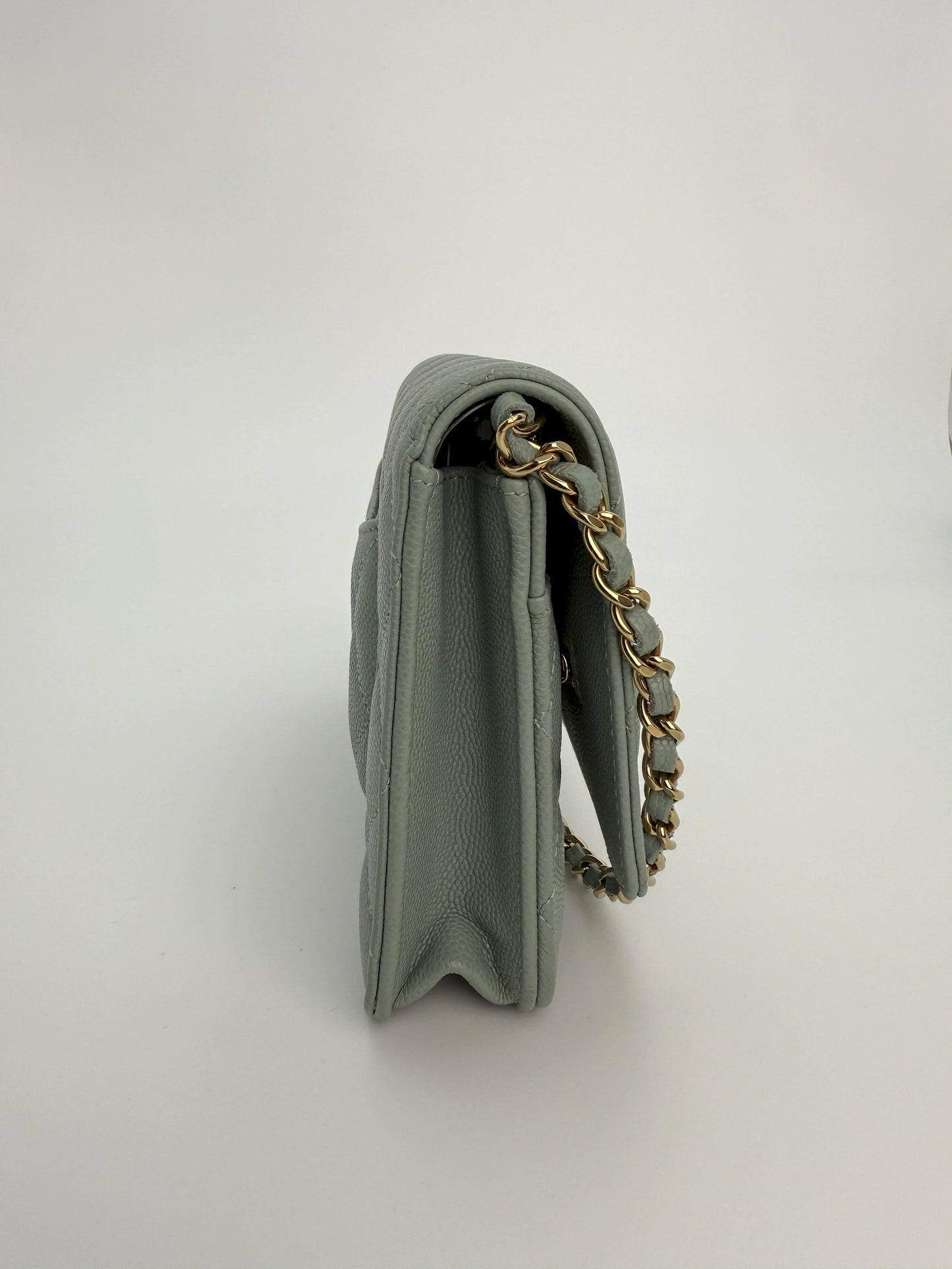 (AJ10) Chanel Grey Caviar Wallet on Chain, Champagne Gold Hardware