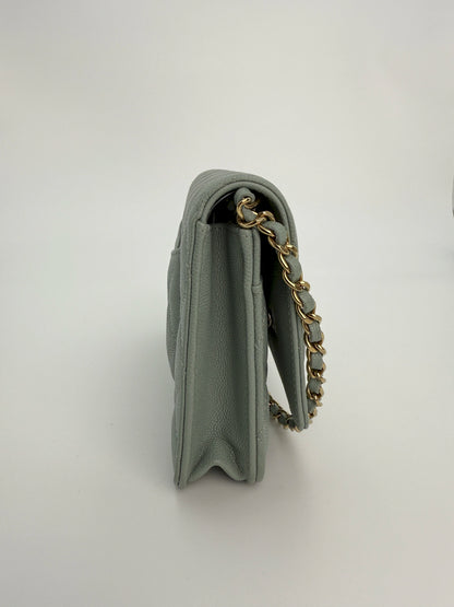 (AJ10) Chanel Grey Caviar Wallet on Chain, Champagne Gold Hardware