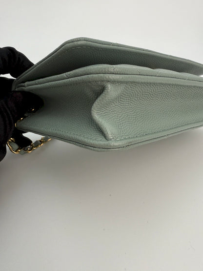 (AJ10) Chanel Grey Caviar Wallet on Chain, Champagne Gold Hardware