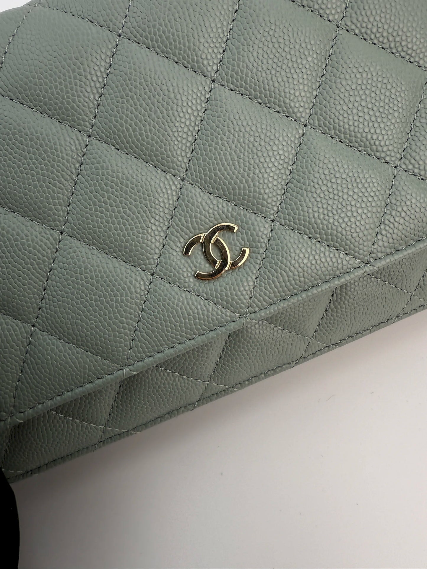 (AJ10) Chanel Grey Caviar Wallet on Chain, Champagne Gold Hardware