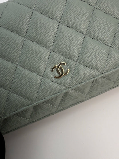 (AJ10) Chanel Grey Caviar Wallet on Chain, Champagne Gold Hardware