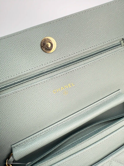 (AJ10) Chanel Grey Caviar Wallet on Chain, Champagne Gold Hardware