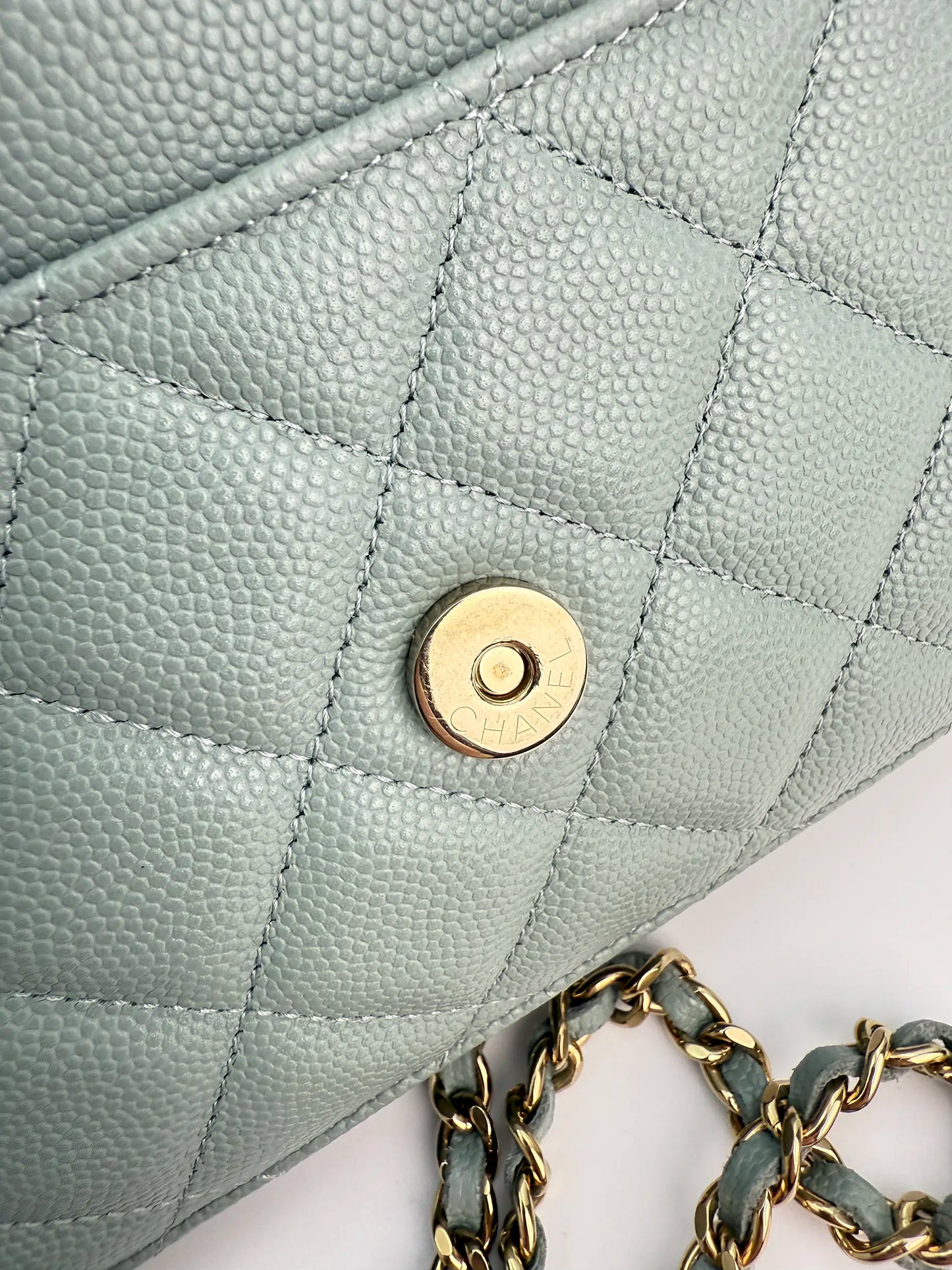 (AJ10) Chanel Grey Caviar Wallet on Chain, Champagne Gold Hardware