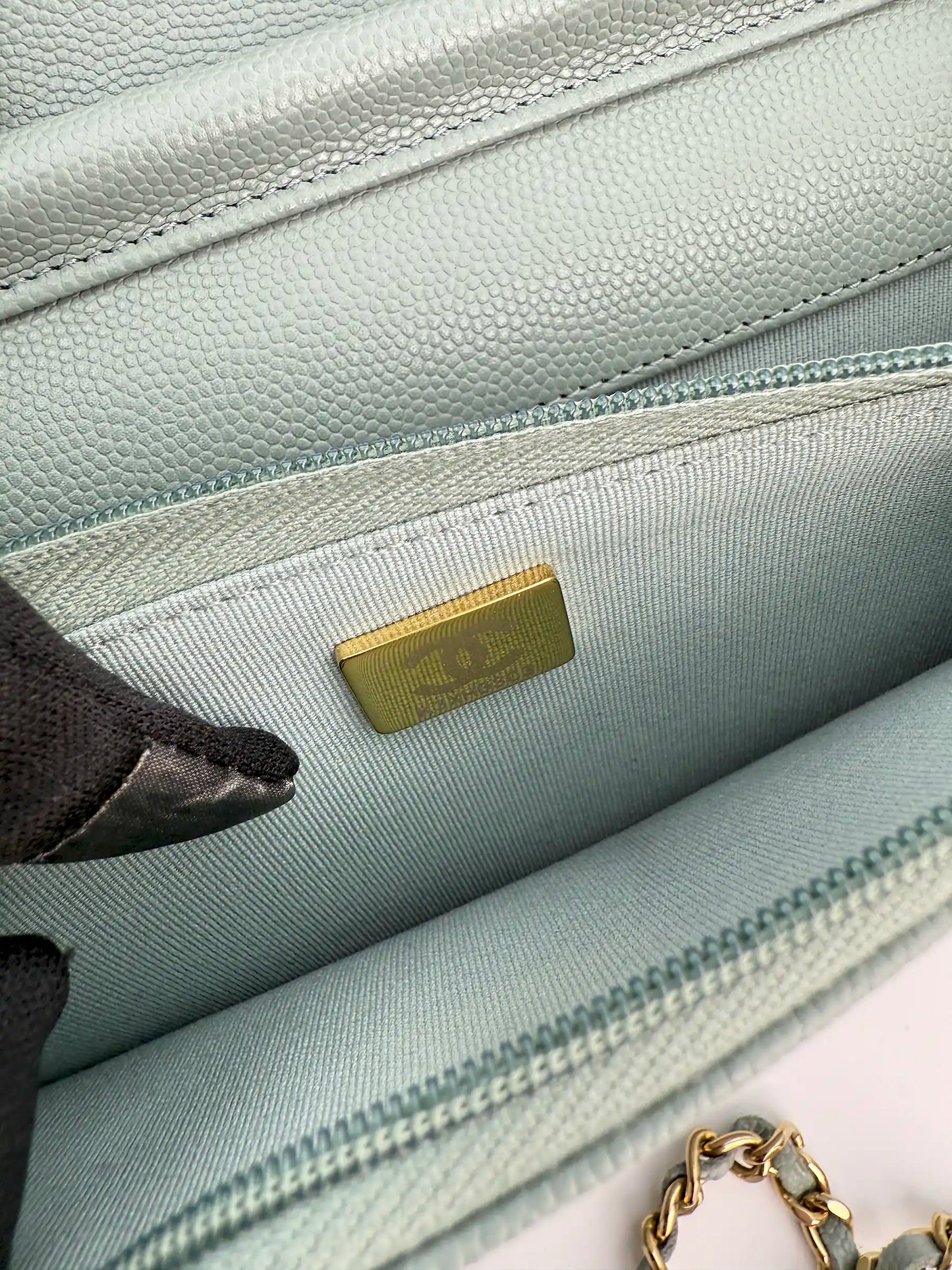 (AJ10) Chanel Grey Caviar Wallet on Chain, Champagne Gold Hardware