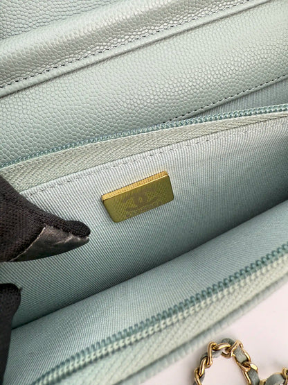 (AJ10) Chanel Grey Caviar Wallet on Chain, Champagne Gold Hardware