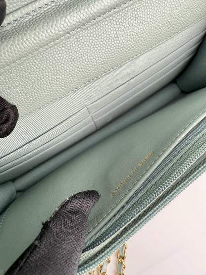 (AJ10) Chanel Grey Caviar Wallet on Chain, Champagne Gold Hardware