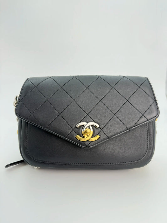 (AJ11) Chanel Black Calf Leather Small Precious Union Flap Bag, Mixed Hardware