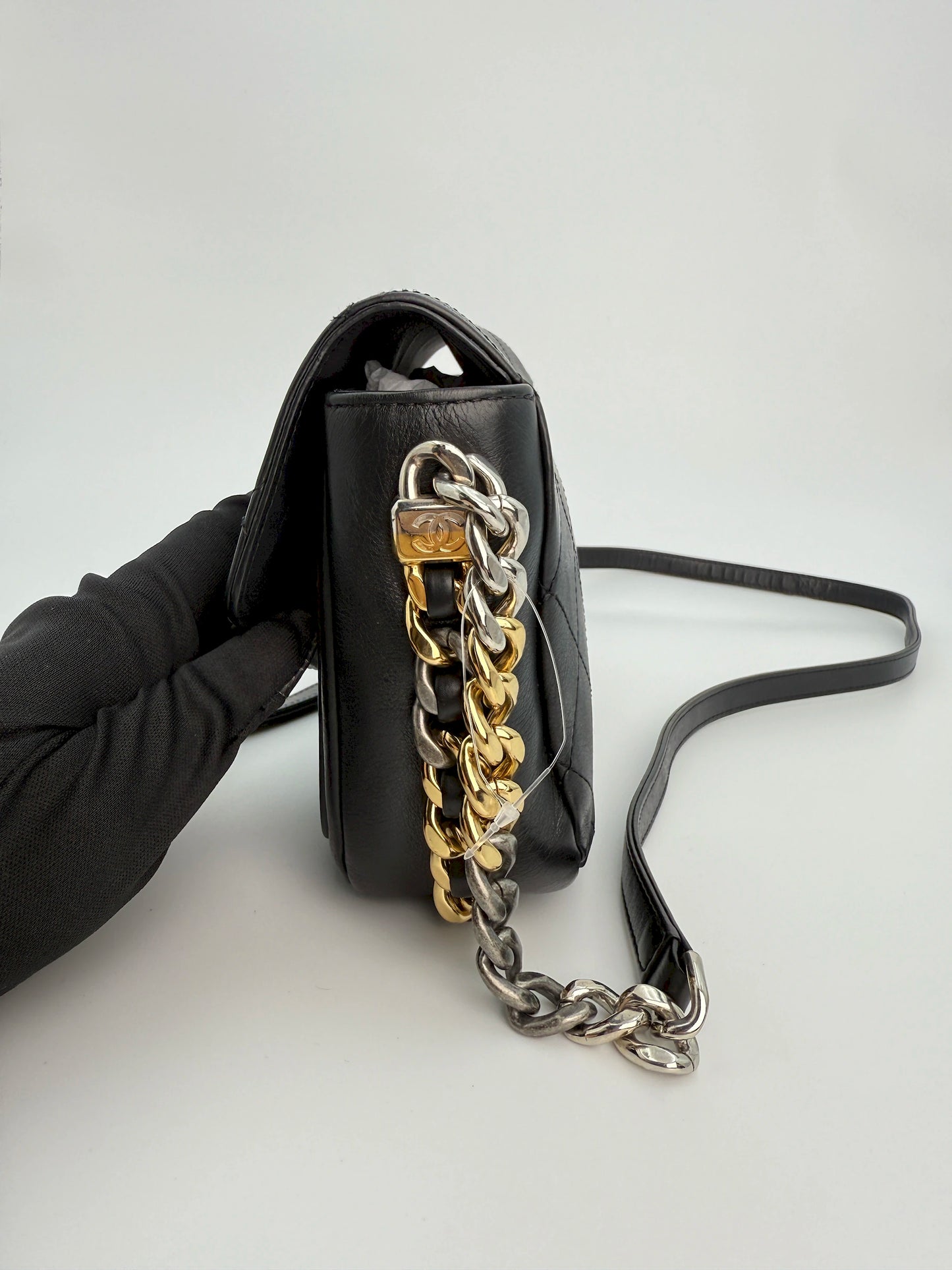 (AJ11) Chanel Black Calf Leather Small Precious Union Flap Bag, Mixed Hardware