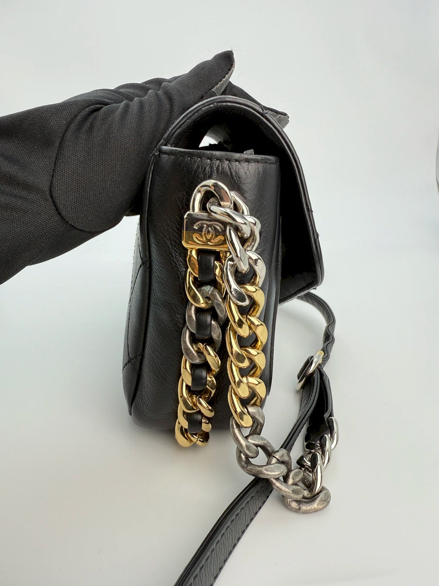 (AJ11) Chanel Black Calf Leather Small Precious Union Flap Bag, Mixed Hardware