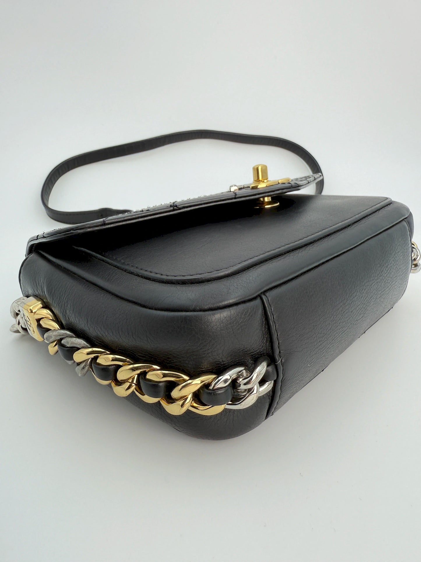 (AJ11) Chanel Black Calf Leather Small Precious Union Flap Bag, Mixed Hardware