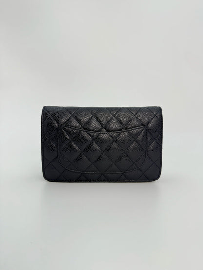 (AJ21) Chanel Navy Black Caviar Wallet on Chain, Silver Hardware
