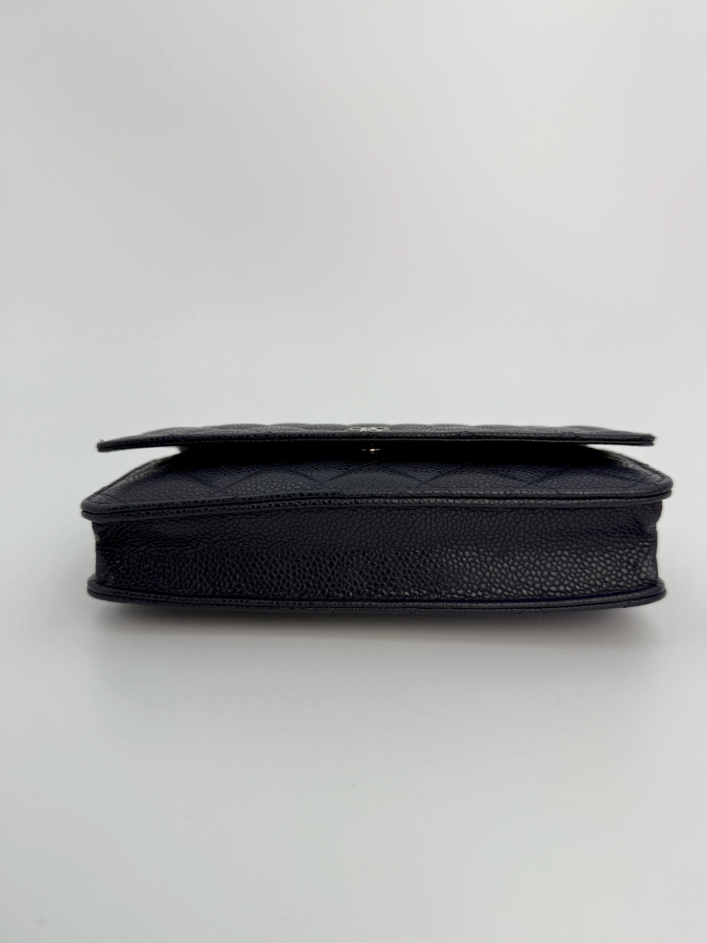 (AJ21) Chanel Navy Black Caviar Wallet on Chain, Silver Hardware