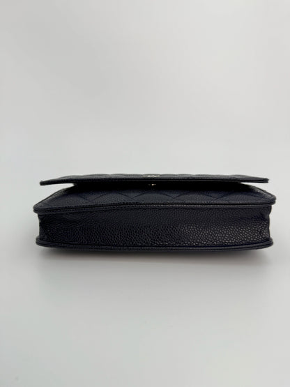 (AJ21) Chanel Navy Black Caviar Wallet on Chain, Silver Hardware