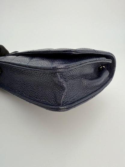(AJ21) Chanel Navy Black Caviar Wallet on Chain, Silver Hardware