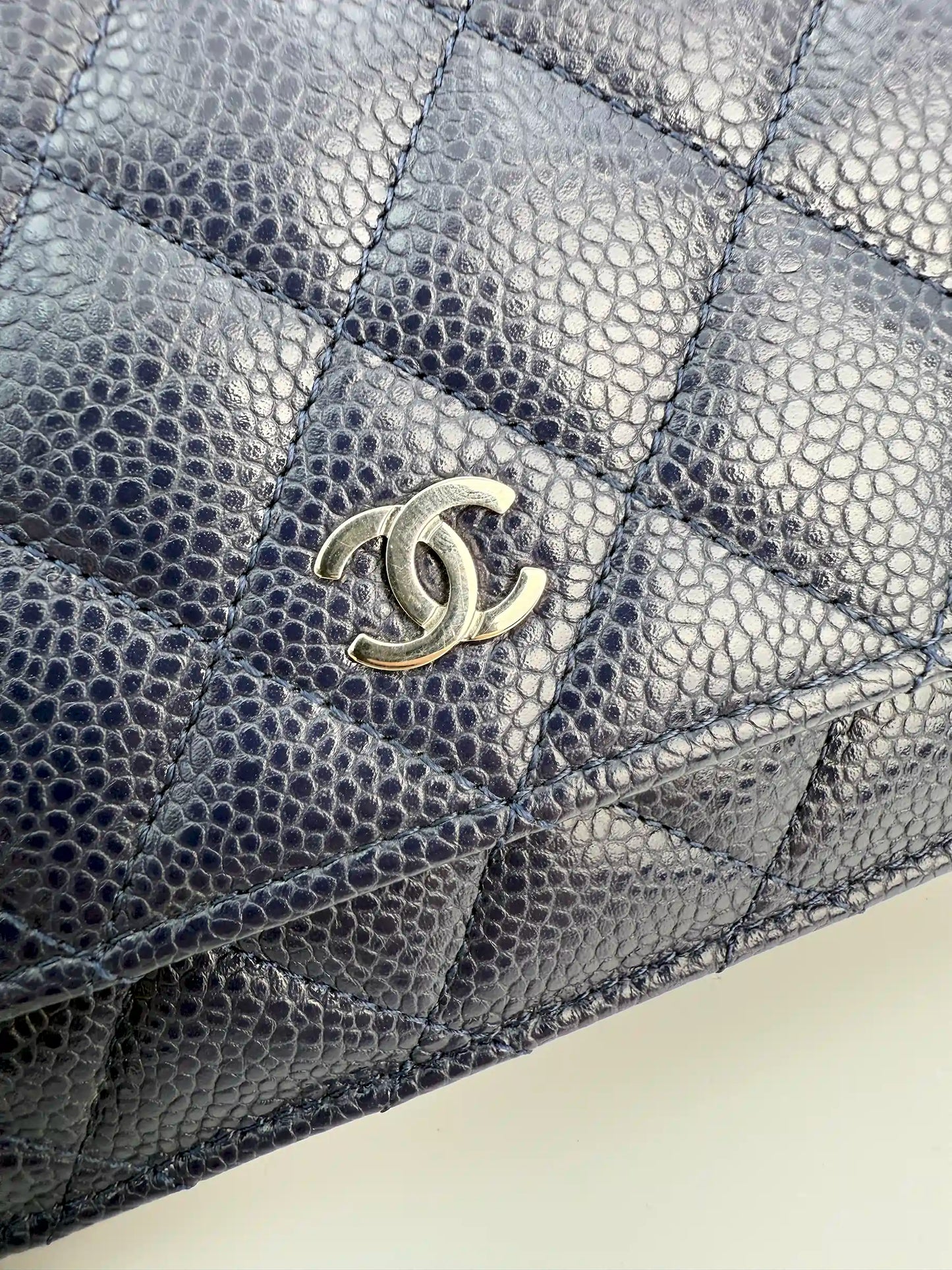 (AJ21) Chanel Navy Black Caviar Wallet on Chain, Silver Hardware