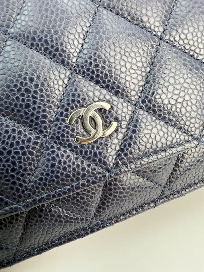 (AJ21) Chanel Navy Black Caviar Wallet on Chain, Silver Hardware
