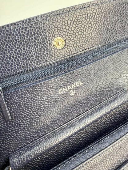 (AJ21) Chanel Navy Black Caviar Wallet on Chain, Silver Hardware