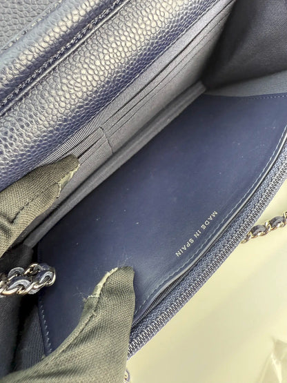 (AJ21) Chanel Navy Black Caviar Wallet on Chain, Silver Hardware