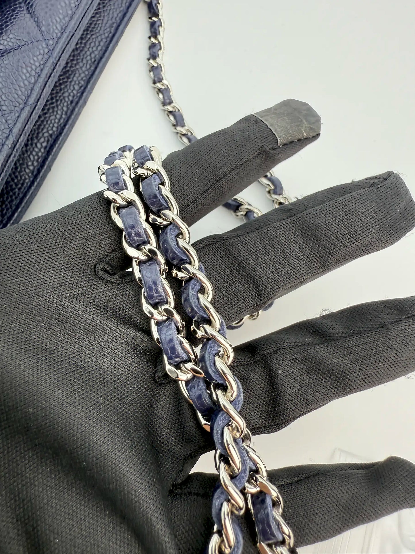 (AJ21) Chanel Navy Black Caviar Wallet on Chain, Silver Hardware