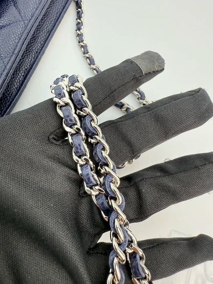(AJ21) Chanel Navy Black Caviar Wallet on Chain, Silver Hardware