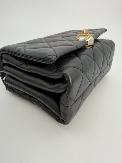 (AJ13) Chanel Black Quilted Calf Leather Pearl Accordion Small Flap Bag, Gold Hardware