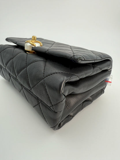 (AJ13) Chanel Black Quilted Calf Leather Pearl Accordion Small Flap Bag, Gold Hardware