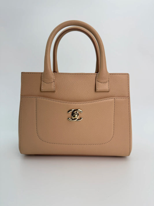 (AJ14) Chanel Beige Small Calfskin Executive Tote 2-Way Bag, Champagne Gold Hardware