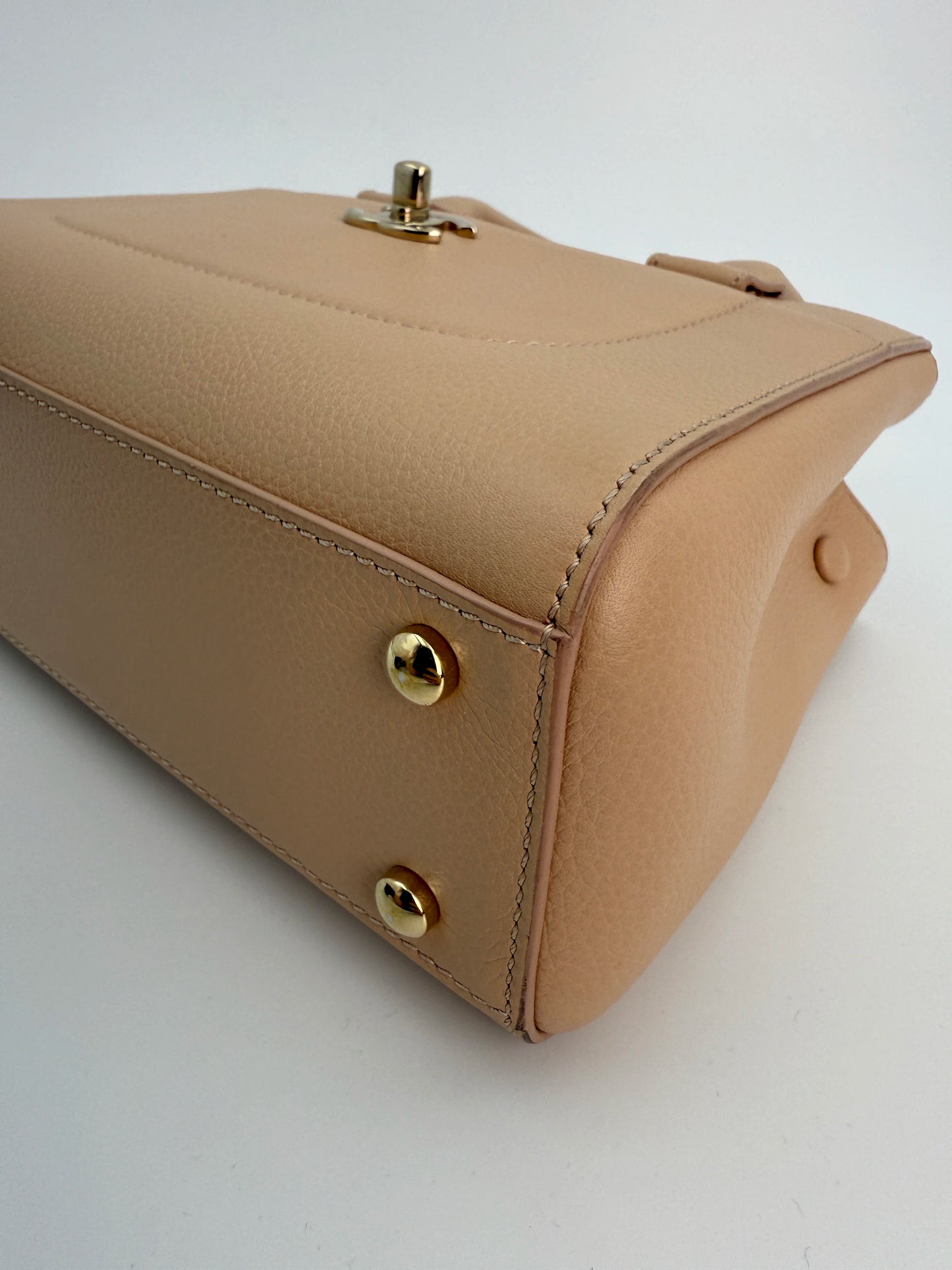 (AJ14) Chanel Beige Small Calfskin Executive Tote 2-Way Bag, Champagne Gold Hardware