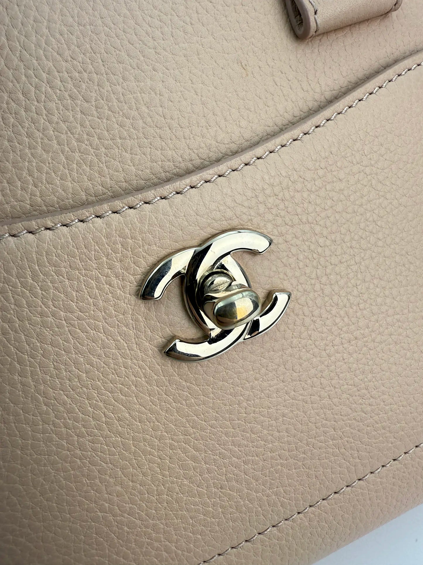 (AJ14) Chanel Beige Small Calfskin Executive Tote 2-Way Bag, Champagne Gold Hardware