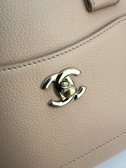 (AJ14) Chanel Beige Small Calfskin Executive Tote 2-Way Bag, Champagne Gold Hardware