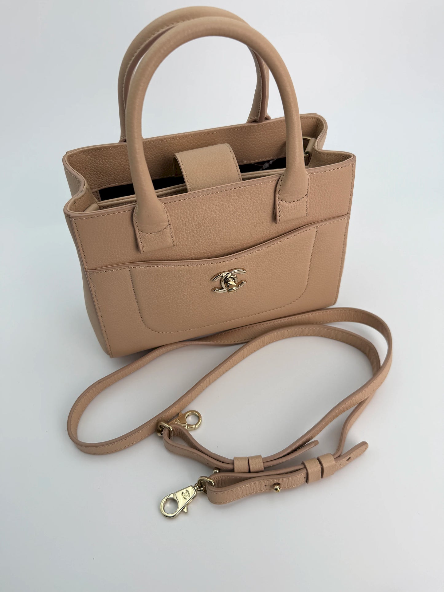 (AJ14) Chanel Beige Small Calfskin Executive Tote 2-Way Bag, Champagne Gold Hardware