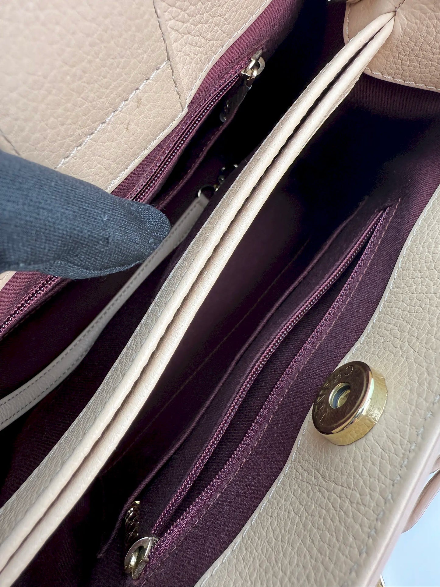 (AJ14) Chanel Beige Small Calfskin Executive Tote 2-Way Bag, Champagne Gold Hardware