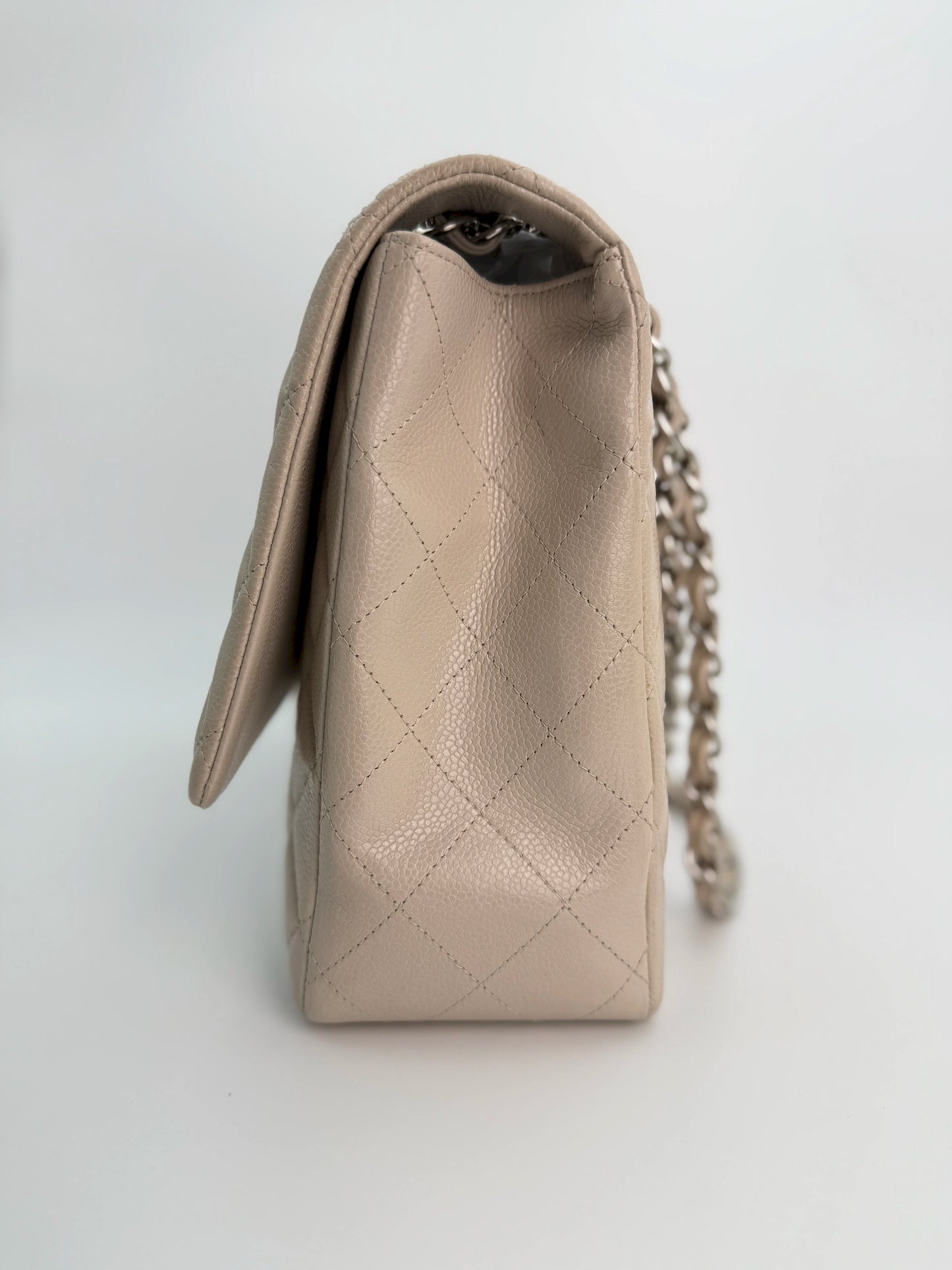 (AJ15) Chanel Grey Caviar Single Flap, Silver Hardware
