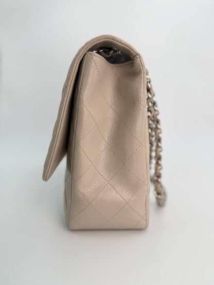 (AJ15) Chanel Grey Caviar Single Flap, Silver Hardware