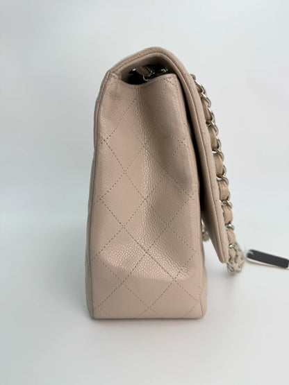 (AJ15) Chanel Grey Caviar Single Flap, Silver Hardware