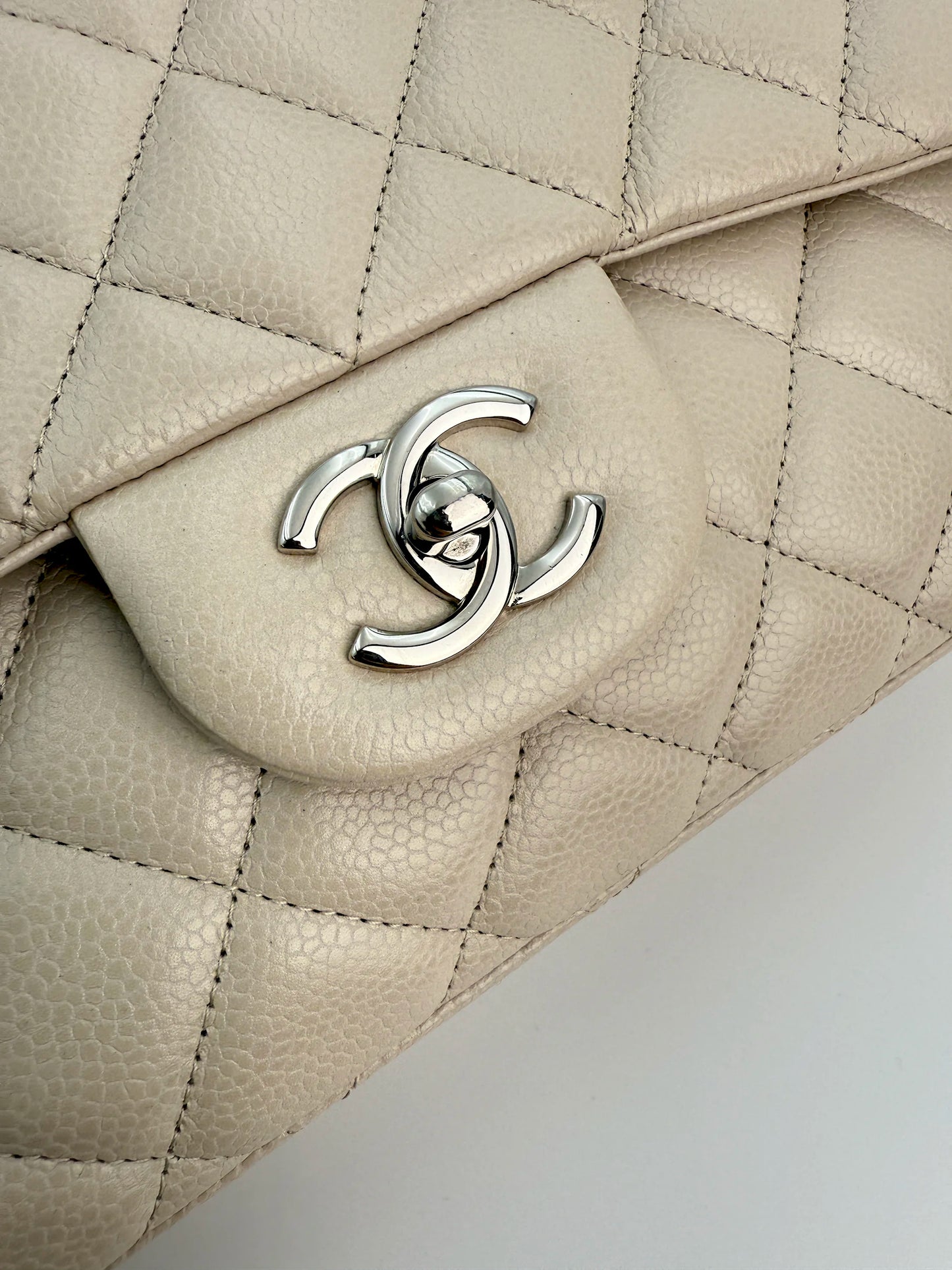 (AJ15) Chanel Grey Caviar Single Flap, Silver Hardware