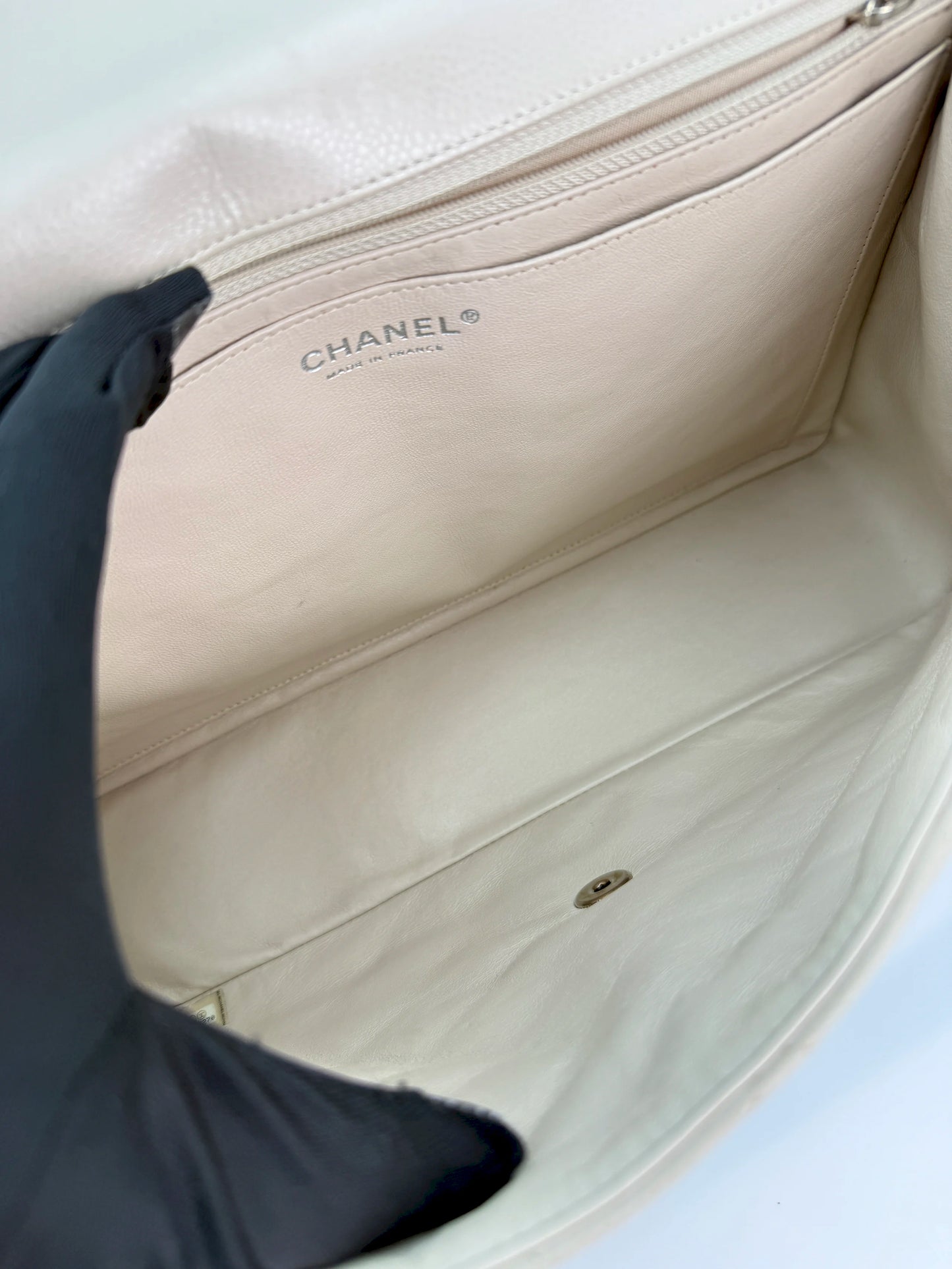(AJ15) Chanel Grey Caviar Single Flap, Silver Hardware