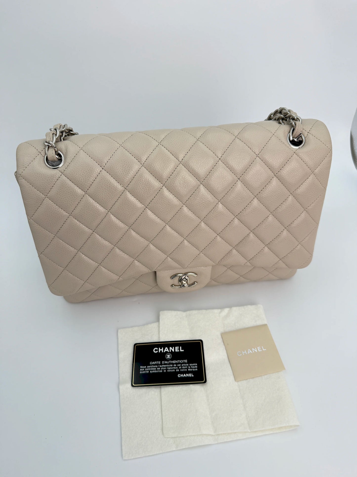 (AJ15) Chanel Grey Caviar Single Flap, Silver Hardware