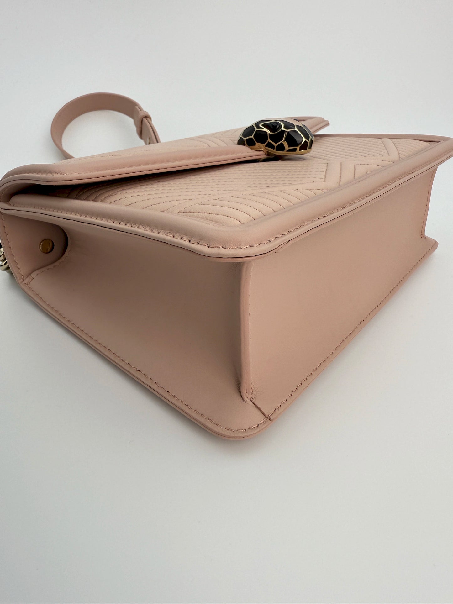 (AJ16) Bvlgari Pink Leather Serpenti Flap Bag, Champagne Gold Hardware
