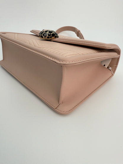(AJ16) Bvlgari Pink Leather Serpenti Flap Bag, Champagne Gold Hardware