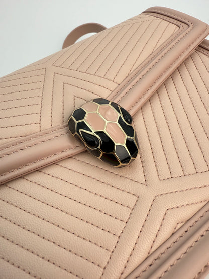 (AJ16) Bvlgari Pink Leather Serpenti Flap Bag, Champagne Gold Hardware