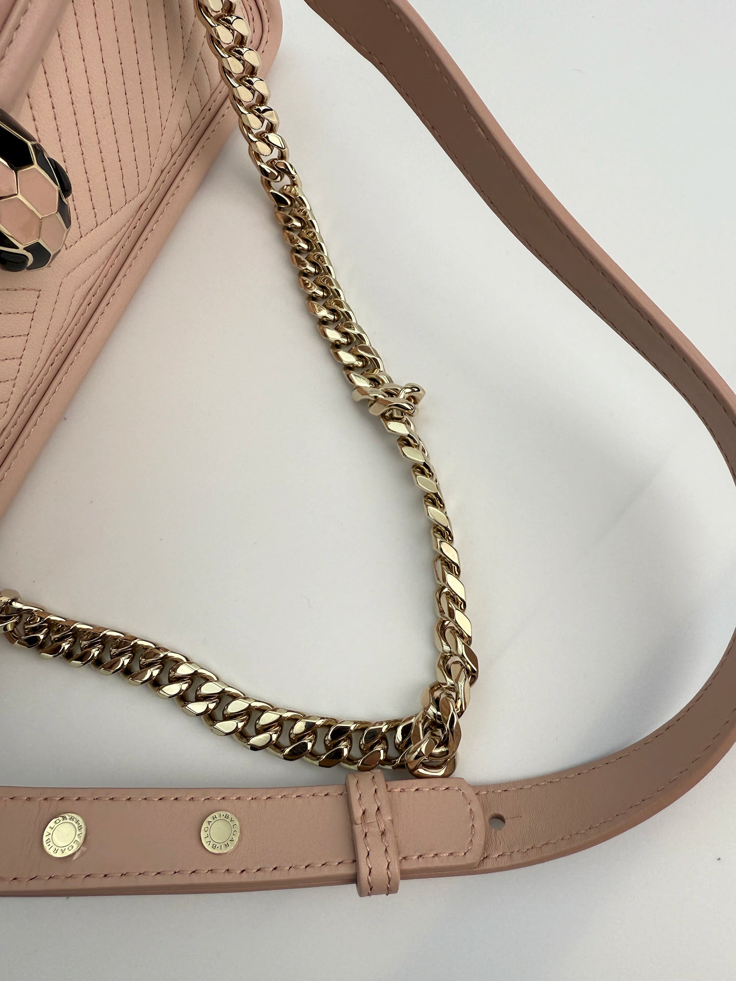 (AJ16) Bvlgari Pink Leather Serpenti Flap Bag, Champagne Gold Hardware