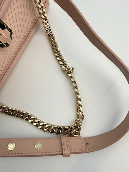 (AJ16) Bvlgari Pink Leather Serpenti Flap Bag, Champagne Gold Hardware