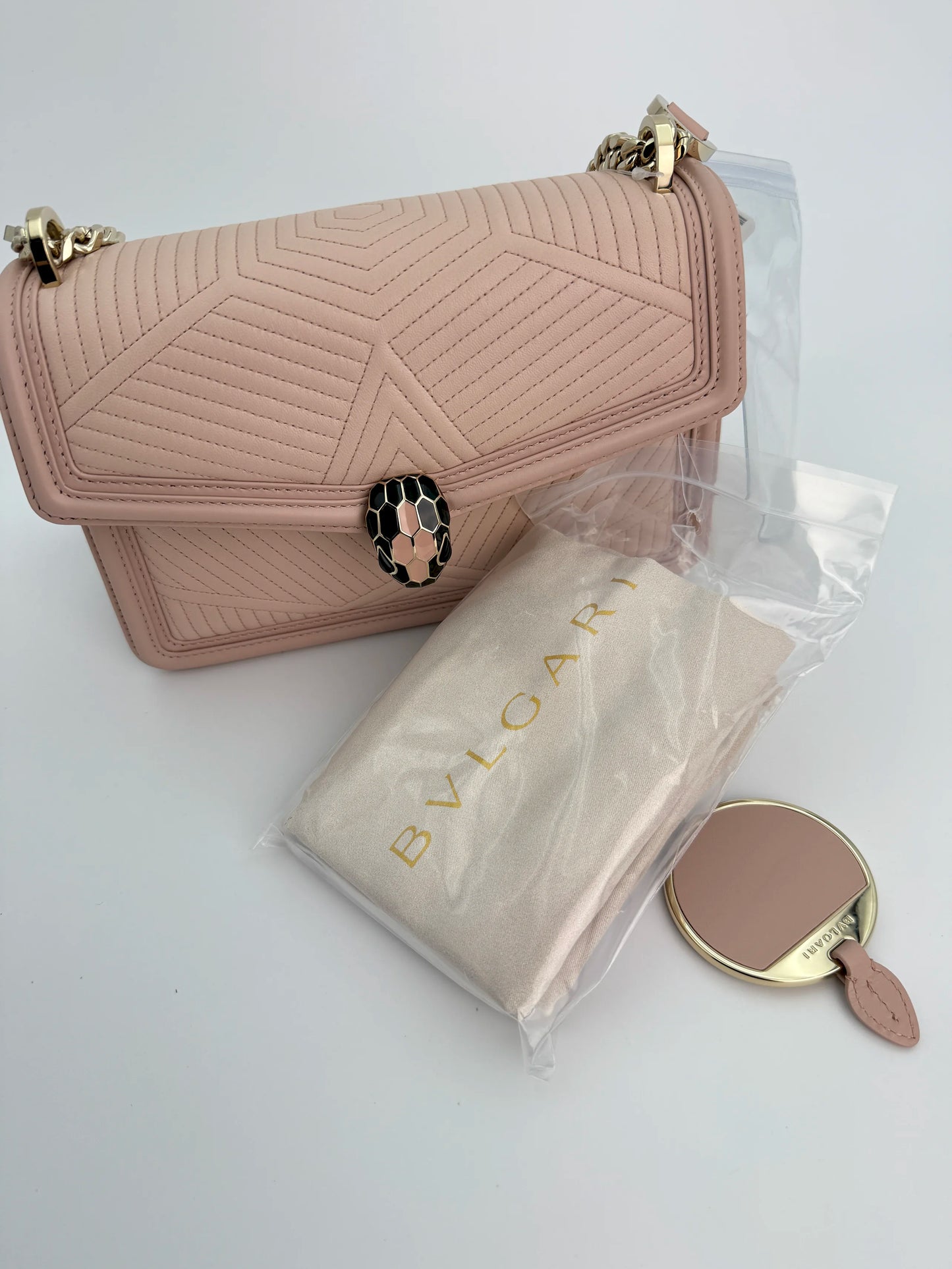 (AJ16) Bvlgari Pink Leather Serpenti Flap Bag, Champagne Gold Hardware