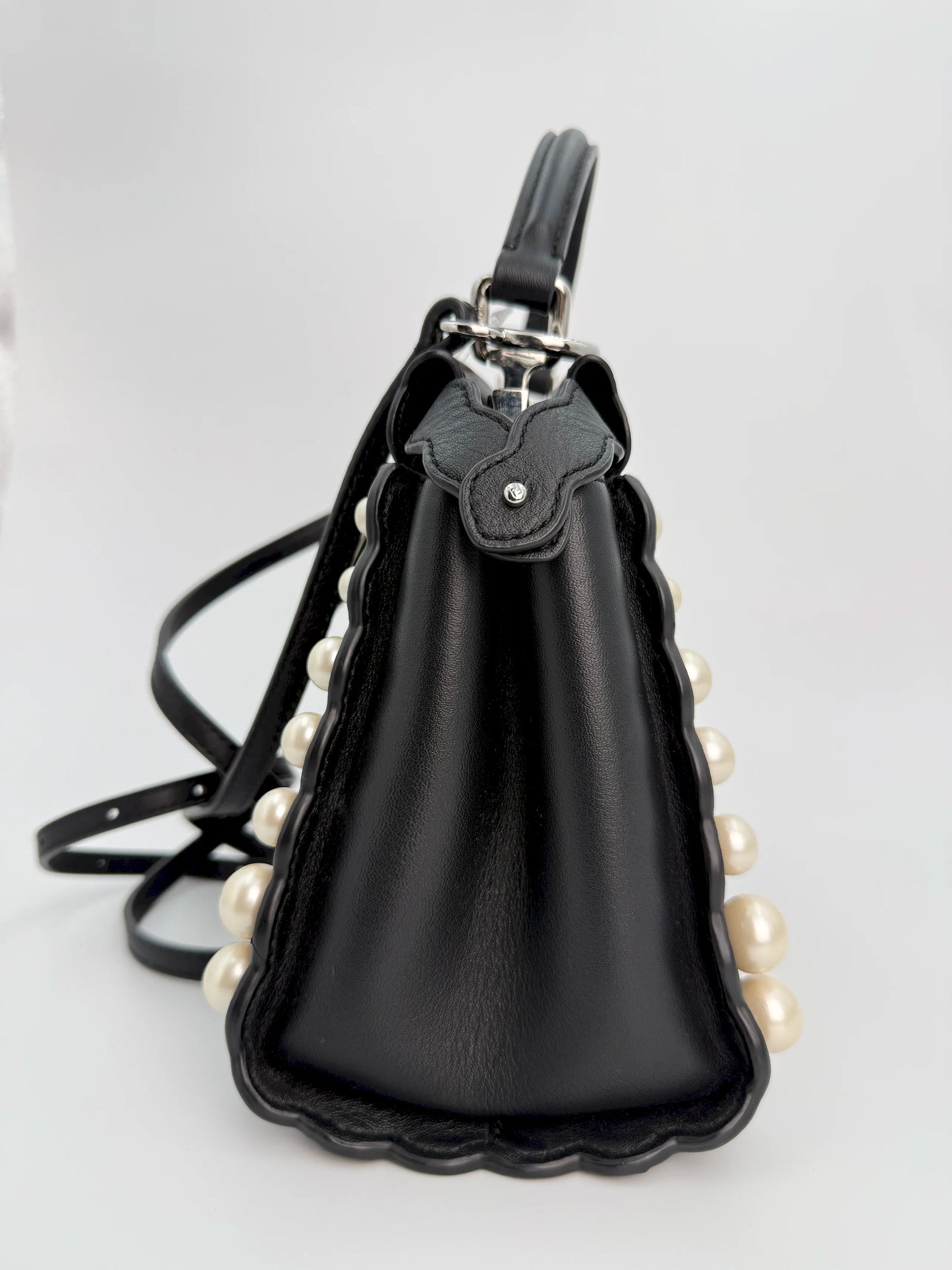 (AJ17) Fendi Black Calf Leather Pearl Embellished Small Peekaboo, Silver Hardware