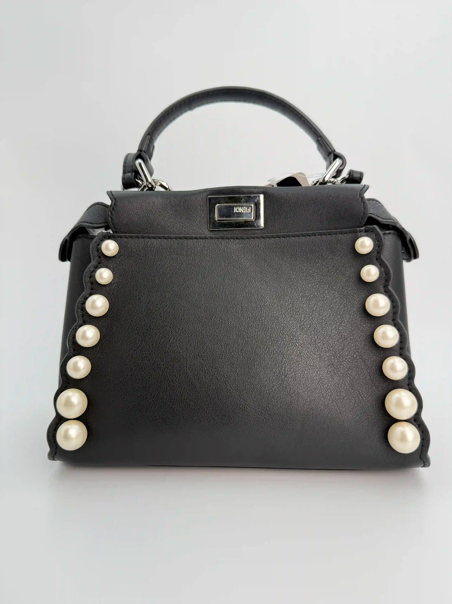 (AJ17) Fendi Black Calf Leather Pearl Embellished Small Peekaboo, Silver Hardware